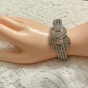 Art Deco, Clear Crystal, Chunky Silver Tone Hinged Bracelet